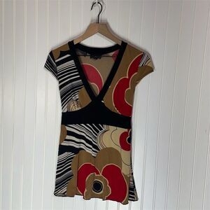 IZ Byer Retro Floral Abstract Print Top L Mod Y2K Bold Made in USA V-Neck Tie